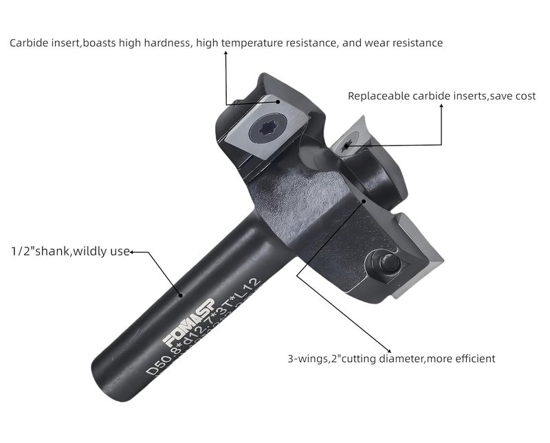 FomaSP CNC Spoilboard Surfacing Router Bit,1/2"(12.7mm) Shank,2"(50.8mm) Cutting Diameter,Slab Flattening Router Bit,Replaceable Carbide Inserts Wood Planer Bit with 3 Wings for Woodworking. - Image 5